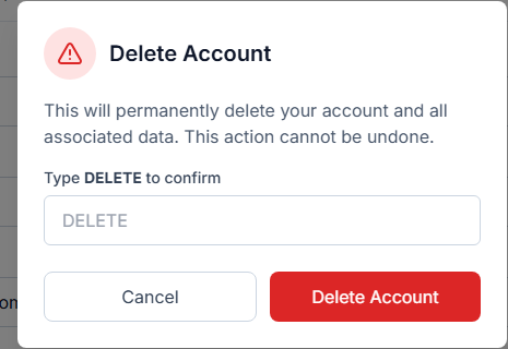 The Delete Account confirmation dialog, requiring the word DELETE to be typed before the action is enabled