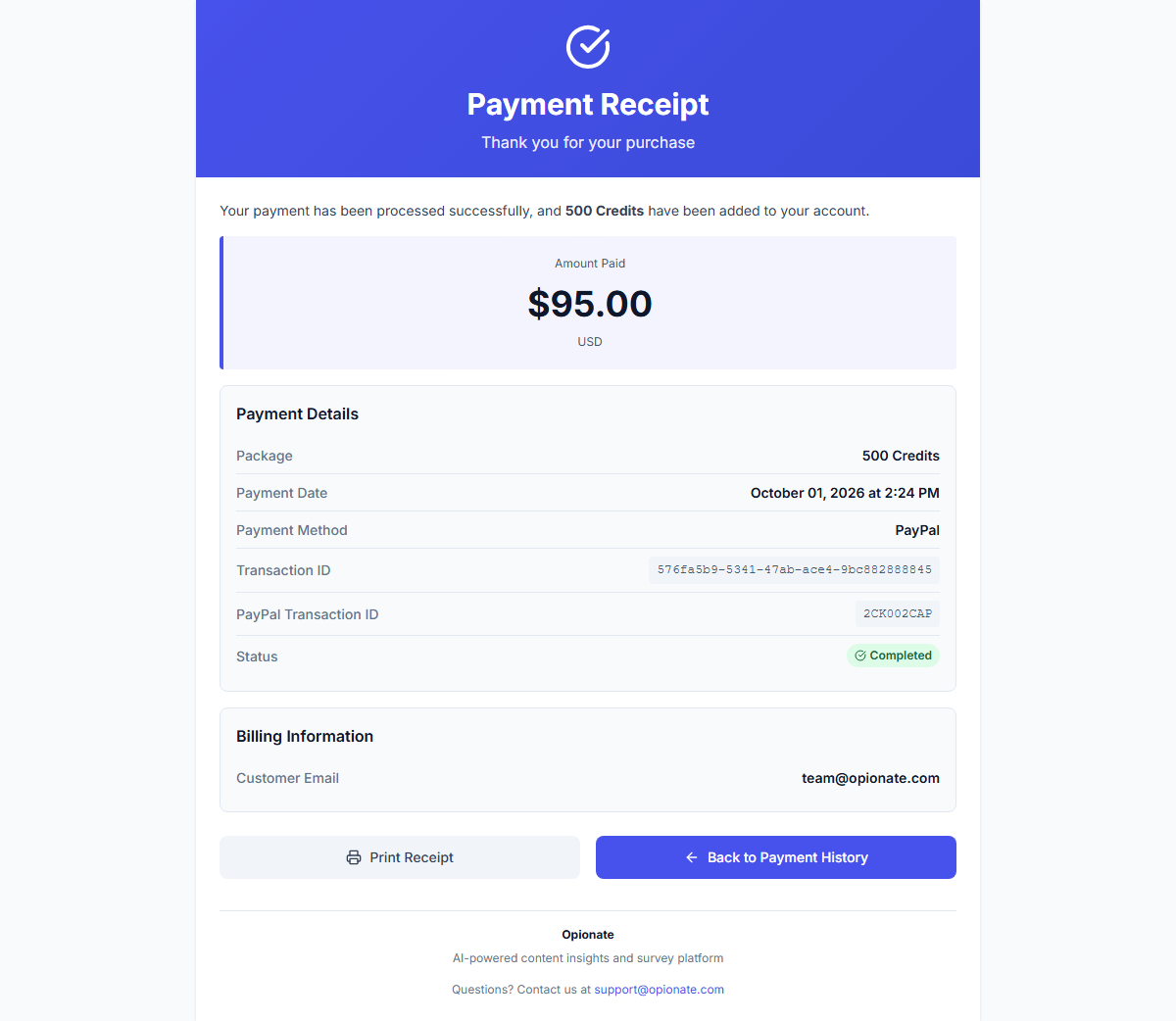 A payment receipt showing the amount paid, package, payment date, PayPal transaction ID, and status