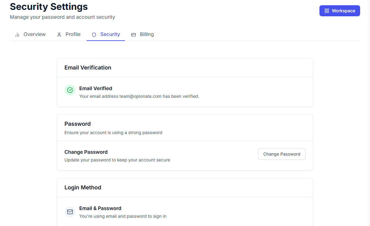 The Security Settings page showing Email Verification status, password management, and login method