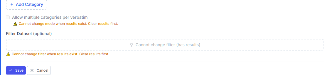 The 'Allow multiple categories per verbatim' checkbox in the classification editor, with a note that the mode can't change once results exist