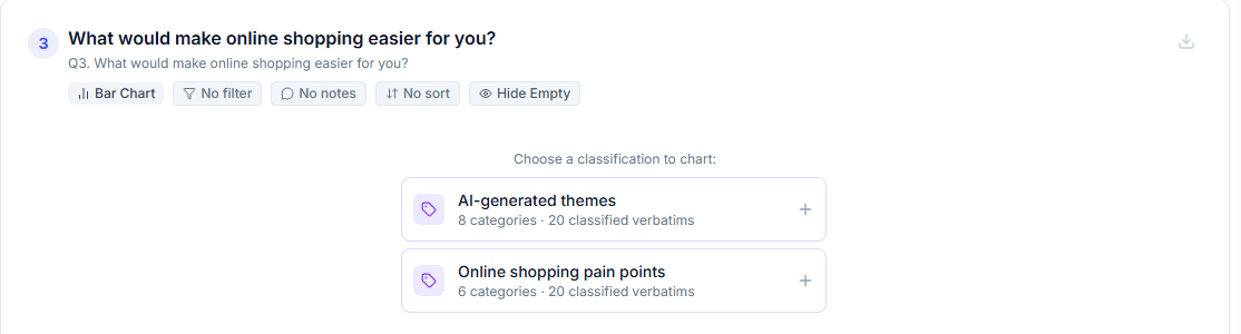 The report widget for a classified open-ended question, prompting “Choose a classification to chart” between two available classifications