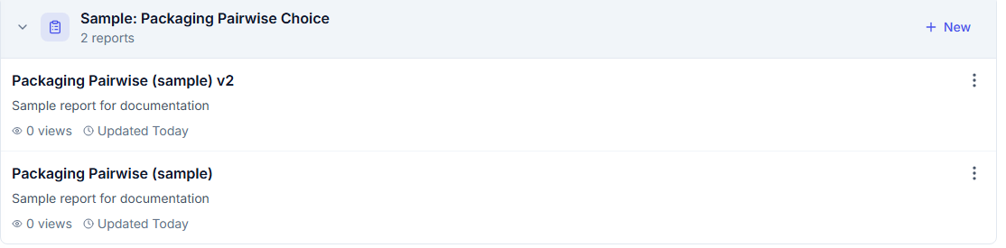 The Reports list expanded for one survey, showing two separate reports each with their own view count and last-updated time
