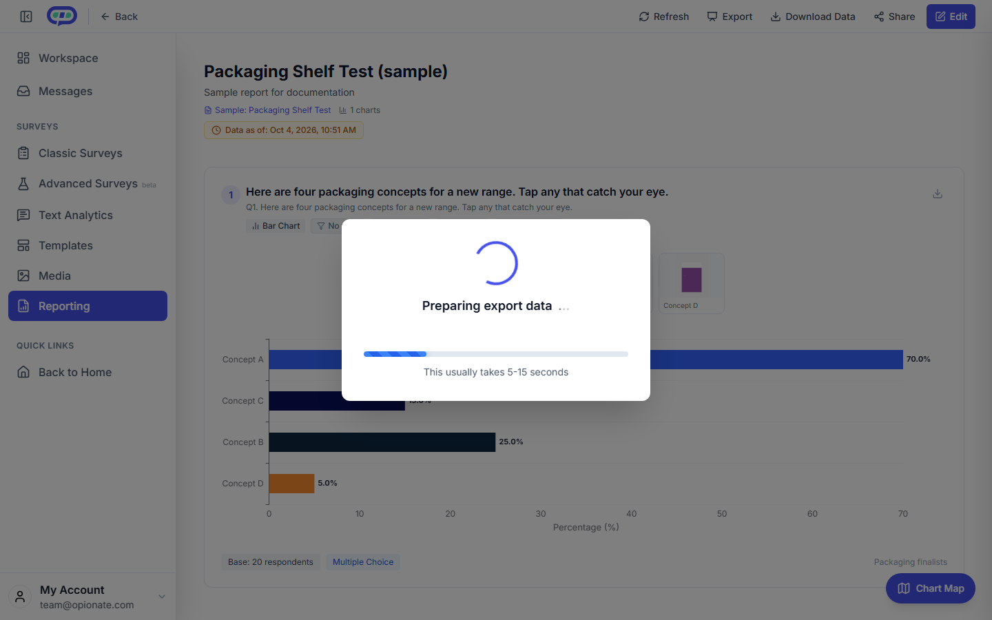 The PowerPoint export progress dialog: Preparing export data, with a progress bar and the note that it usually takes 5 to 15 seconds