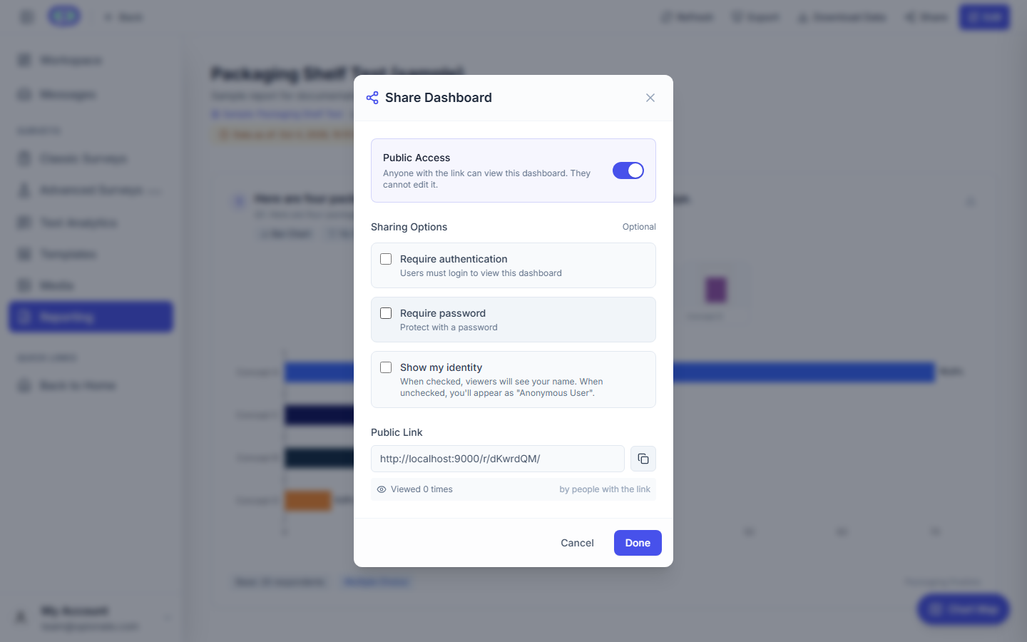 The Share Dashboard modal with Public Access turned on: Require authentication, Require password, and Show my identity options, and the generated public link
