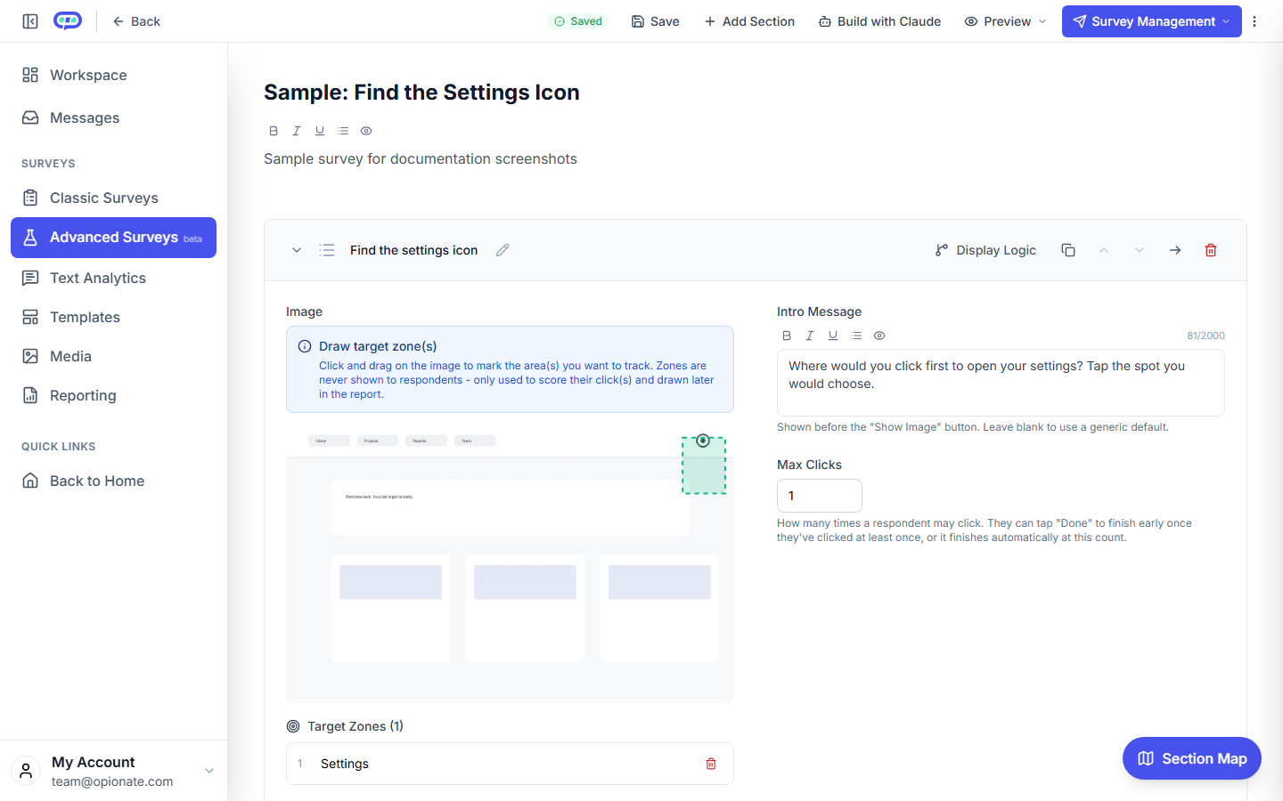 The First-Click Test builder with a sample screen uploaded and one dashed target zone drawn over the settings icon, labelled Settings