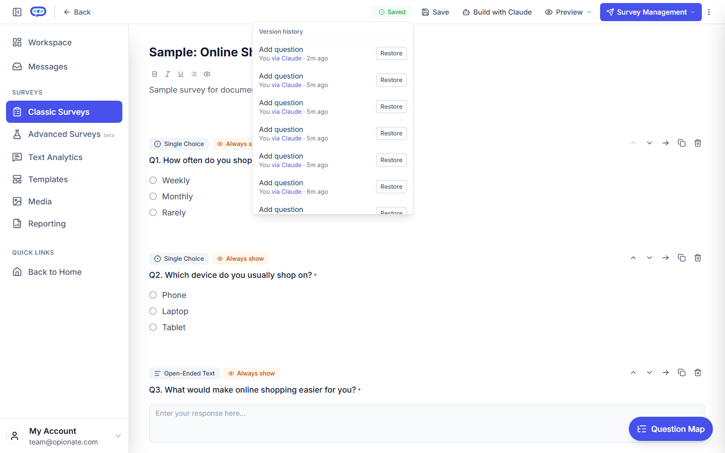 The builder’s version history dropdown: a list of edits, several marked “You via Claude” with a Restore button