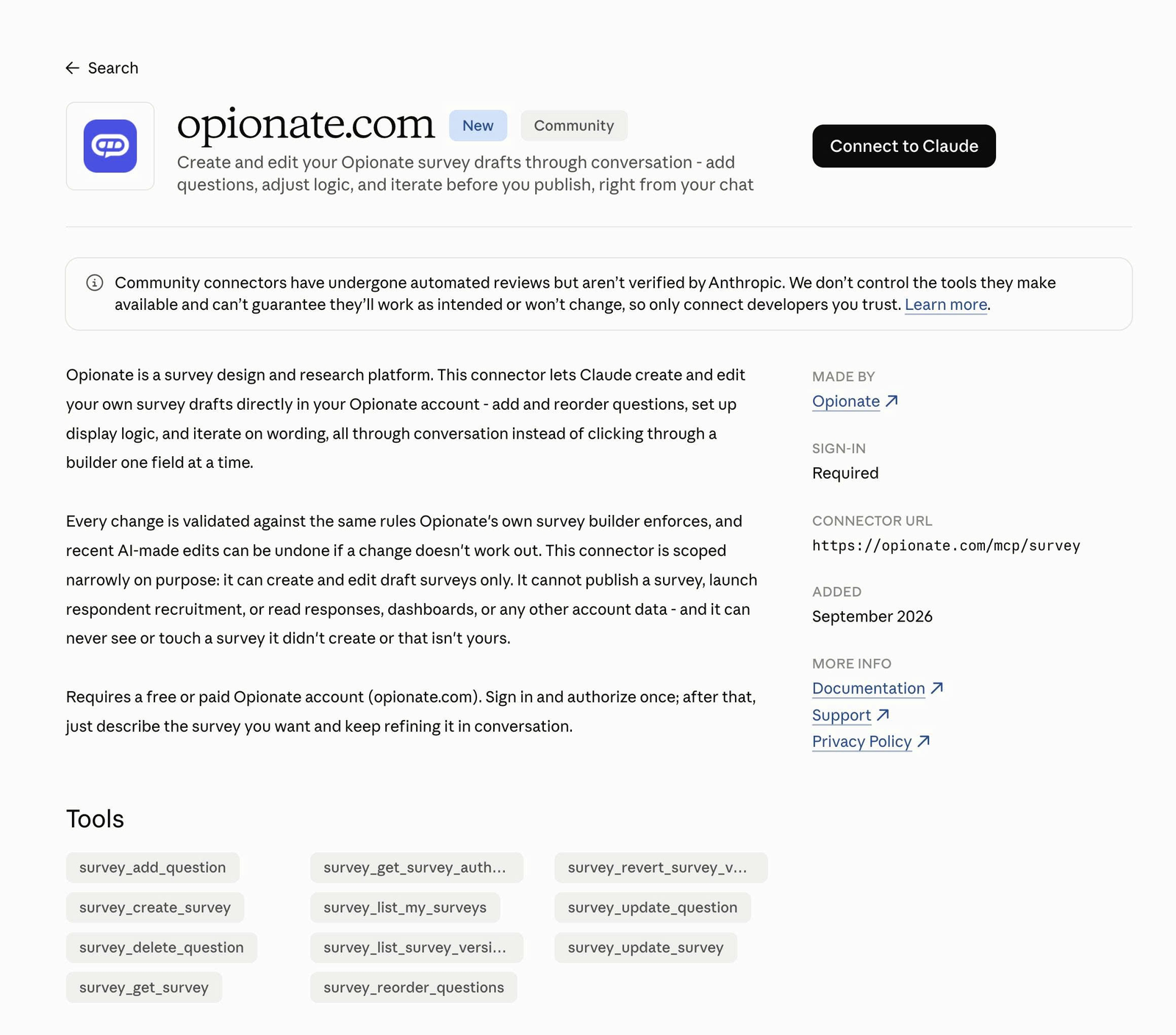 The opionate.com connector listing on claude.ai: a Connect to Claude button, a description of what the connector does and does not do, and a Tools panel listing the eleven survey_ tools it exposes