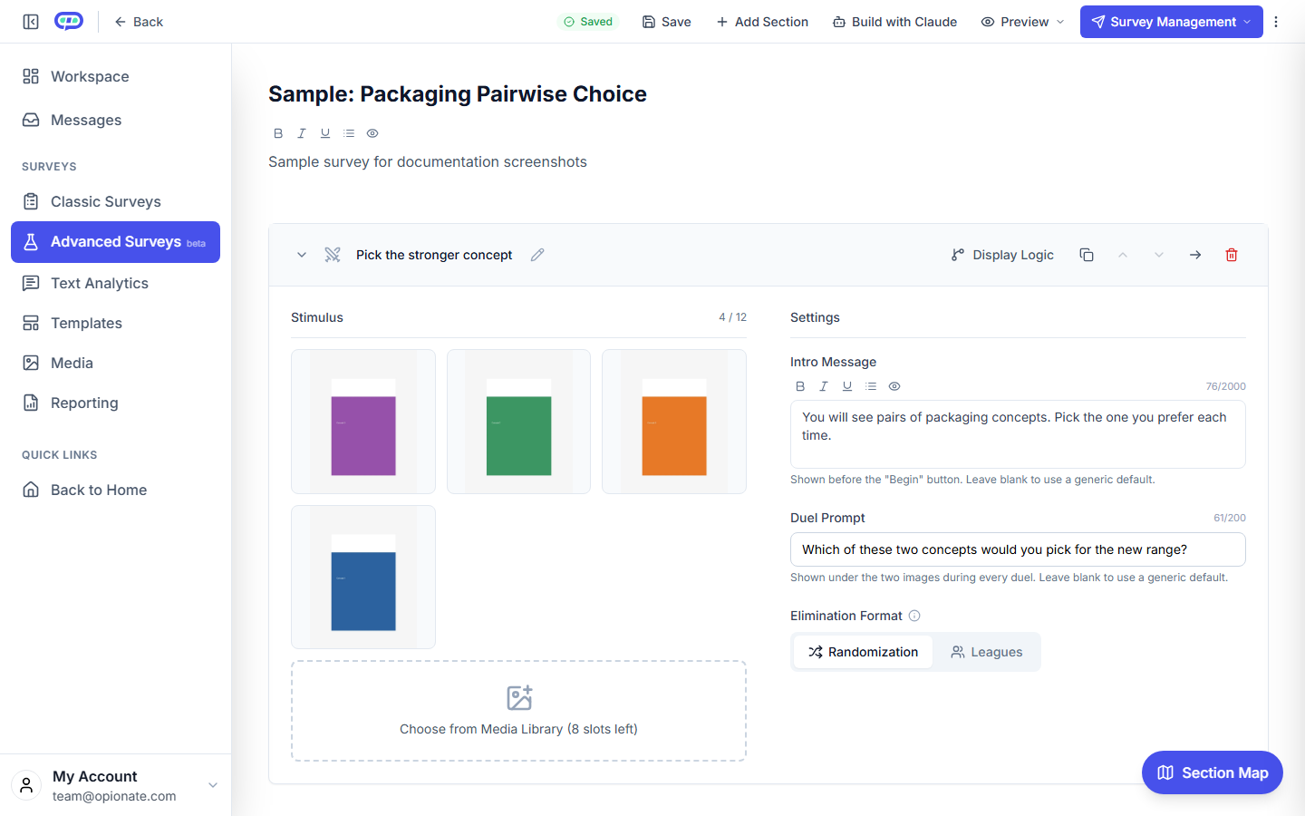 The Pairwise Comparison builder: a pool of four sample images, the intro message, the duel prompt, and the Elimination Format choice between Randomization and Leagues