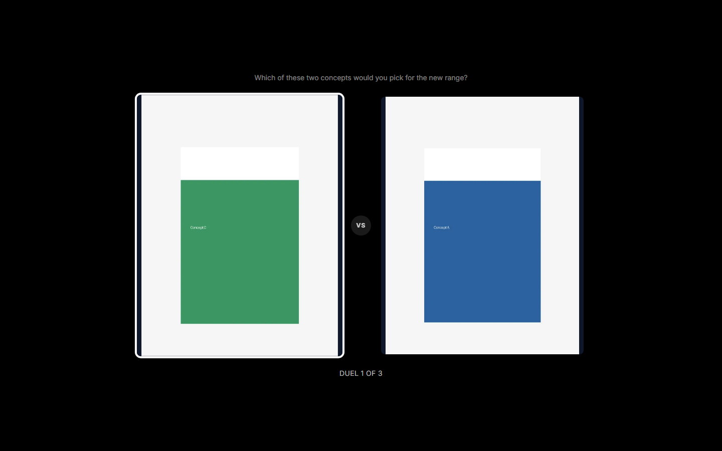 A respondent's view of a Pairwise Comparison duel: two sample concepts side by side, the duel prompt above them, and "DUEL 1 OF 3" below