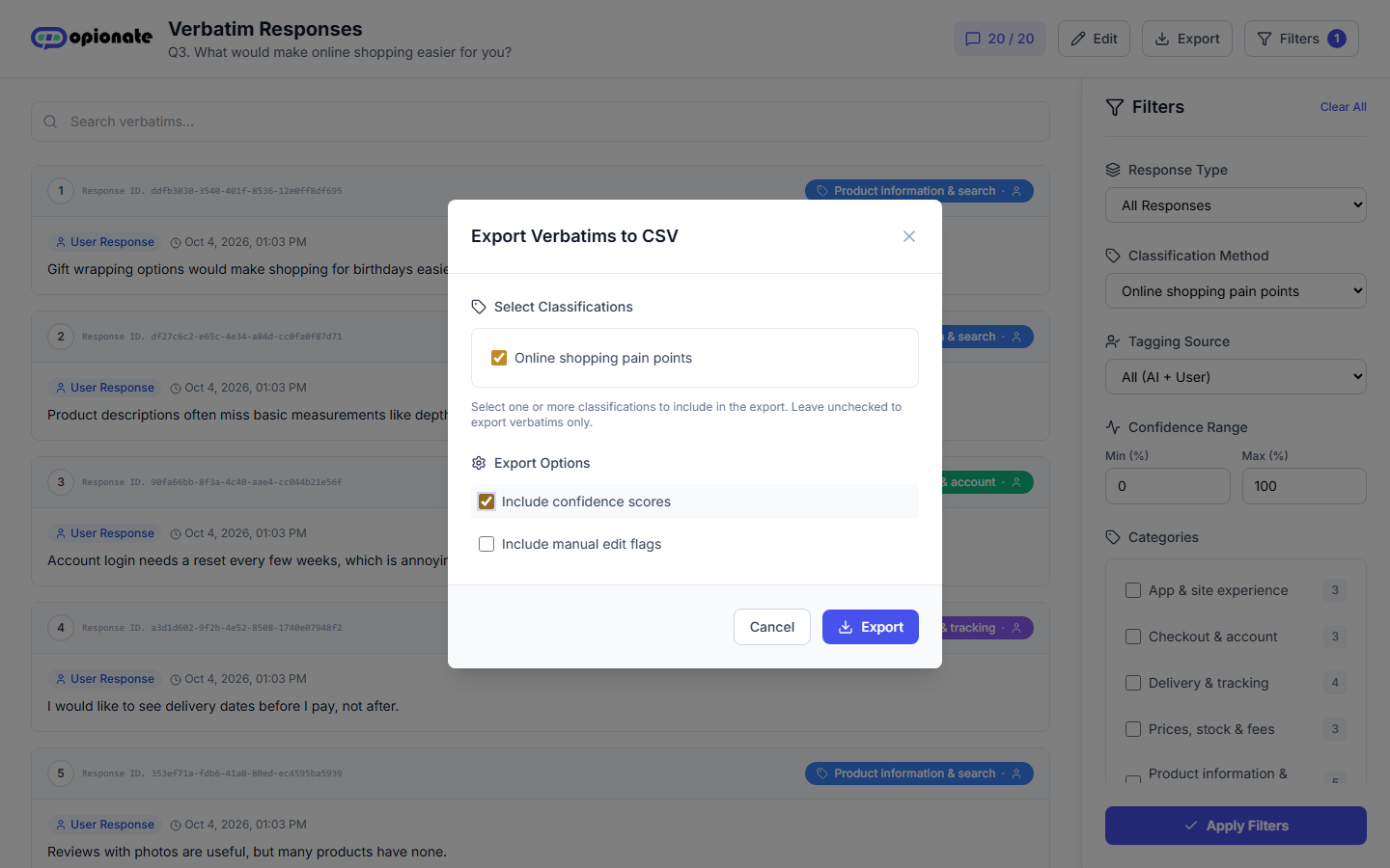 The Export Verbatims to CSV dialog: a classification selected, and Include confidence scores checked alongside an Include manual edit flags option
