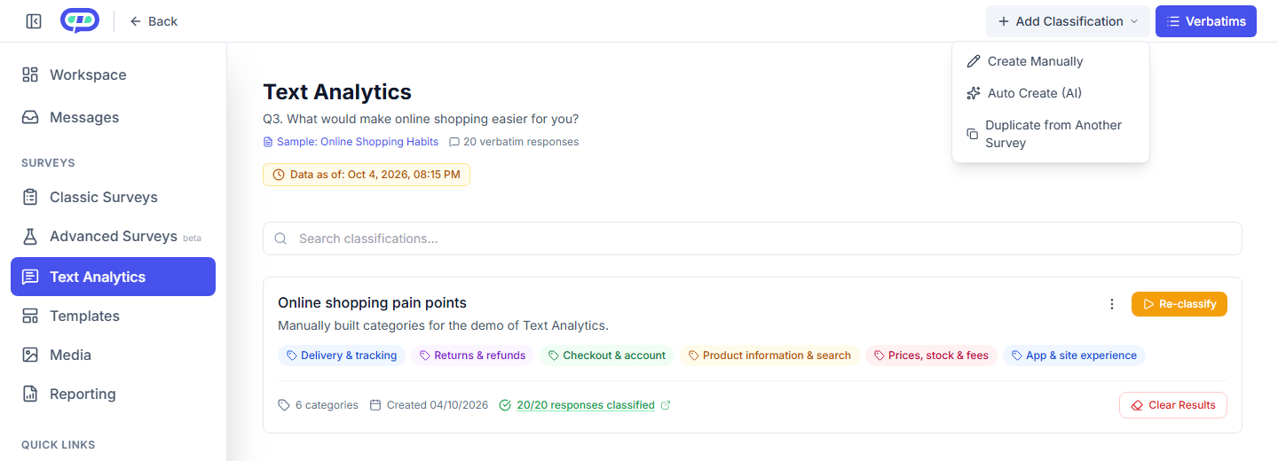 The Add Classification menu: Create Manually, Auto Create (AI), or Duplicate from Another Survey