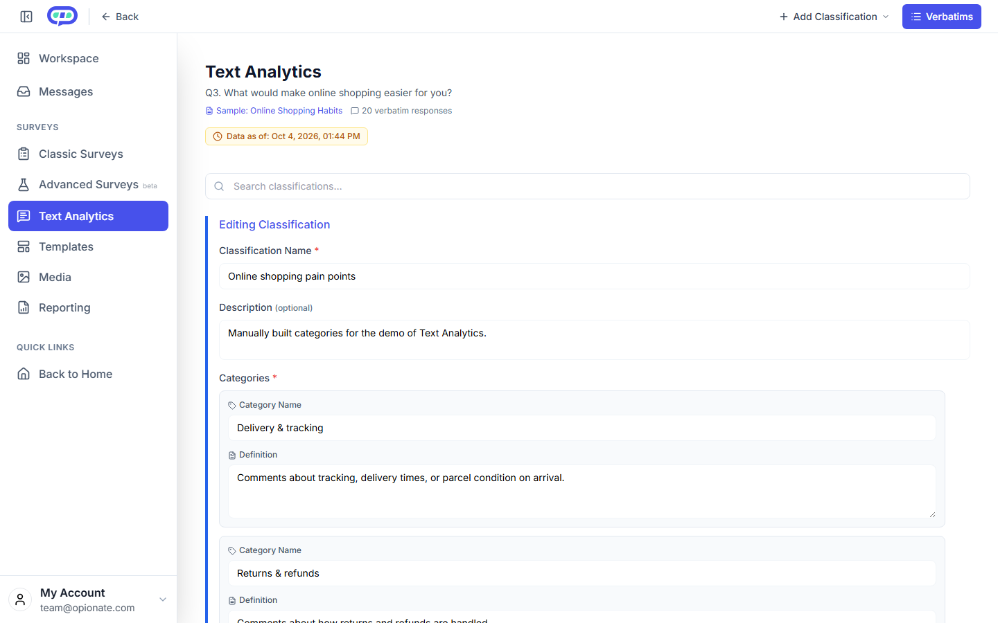 The category editor for a text-analytics classification goal