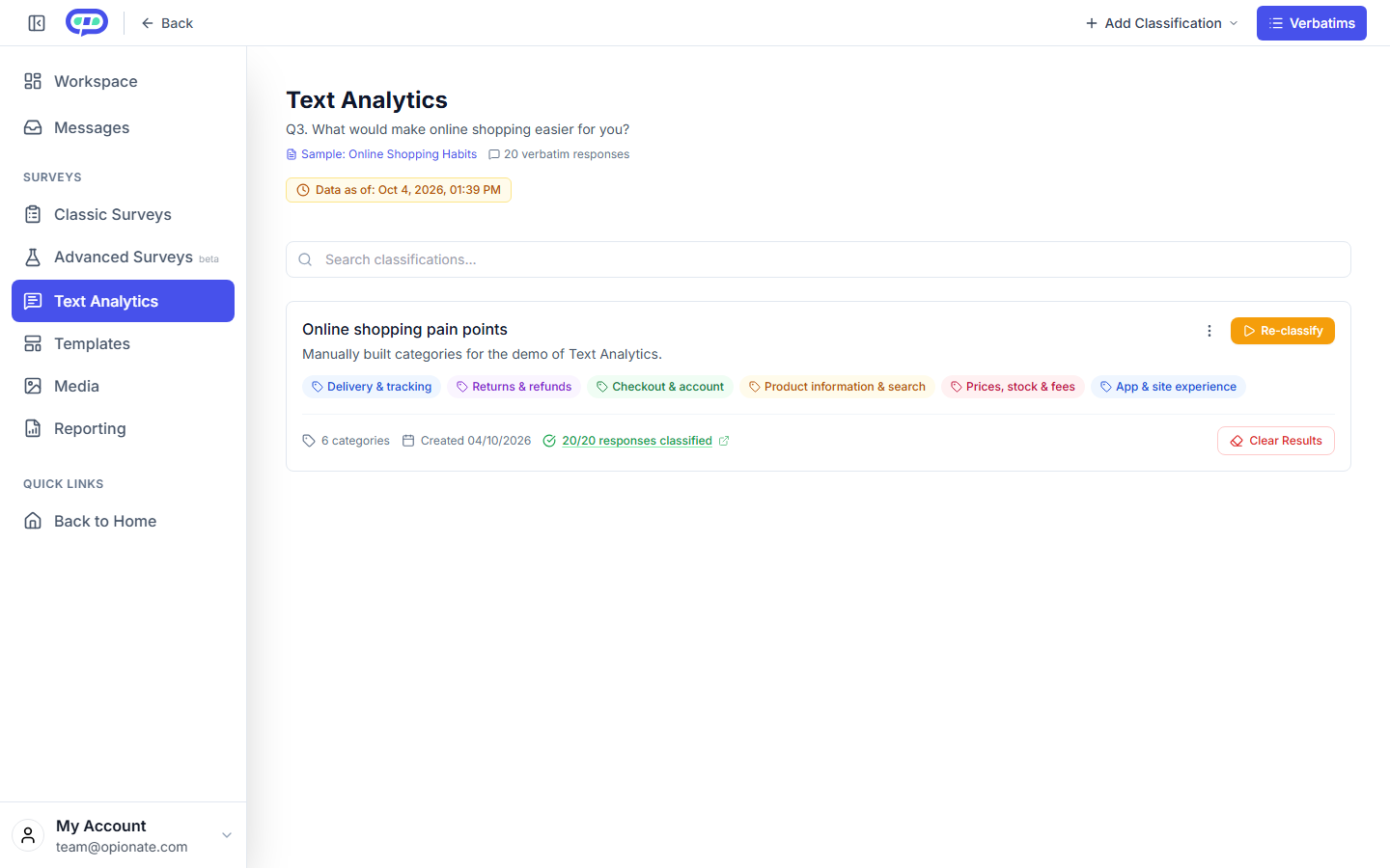A completed Text Analytics classification: six categories listed as colored tags, with 20/20 responses classified