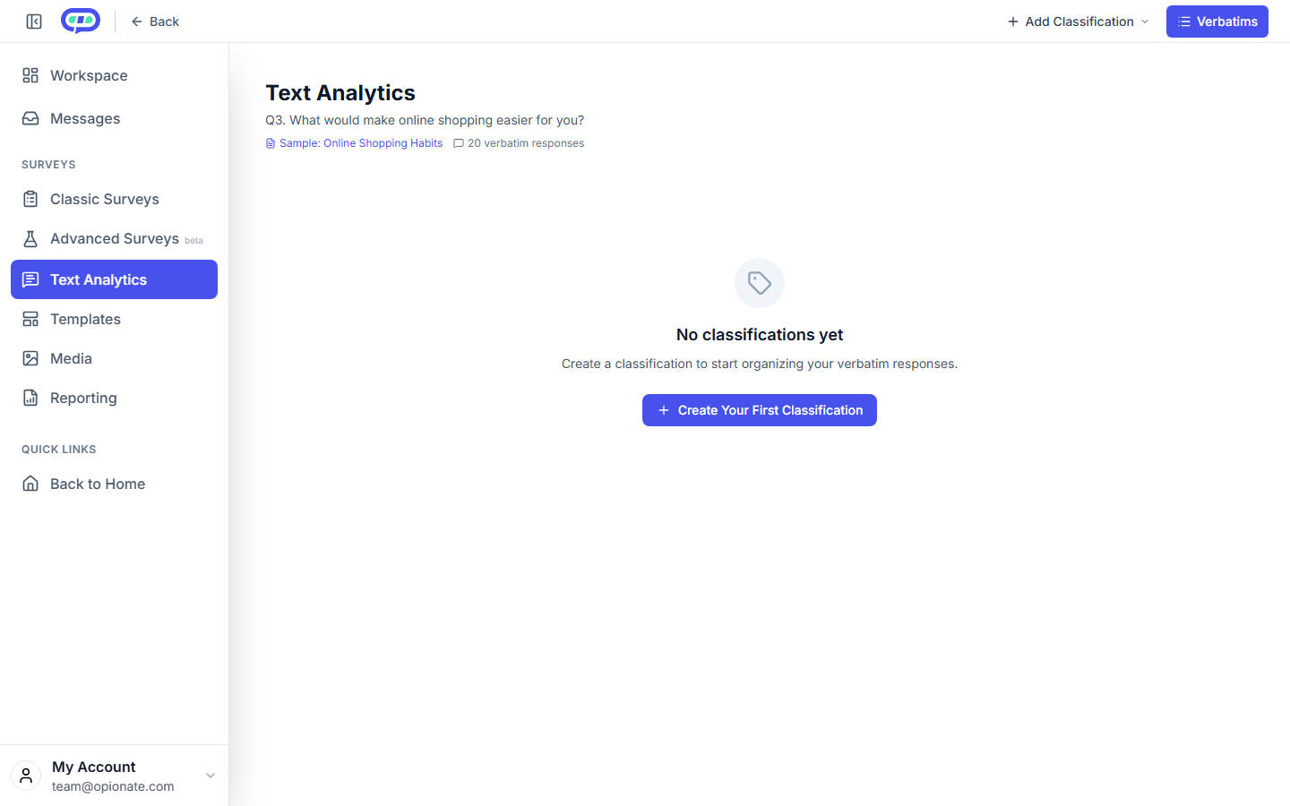 The Text Analytics question header showing 20 verbatim responses total for the question being analyzed