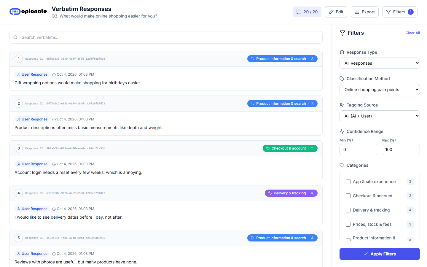Classified open-ended responses shown as categorized results in the dashboard