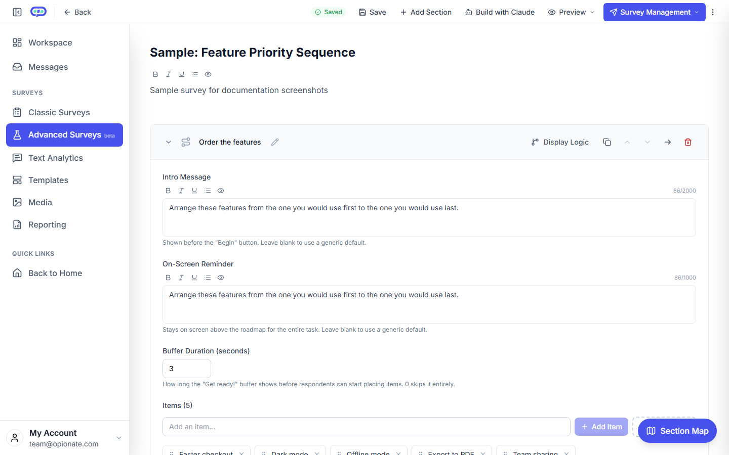 The Sequence Flow builder: a list of five sample features, each with a drag handle, above the intro message and the Buffer Duration setting