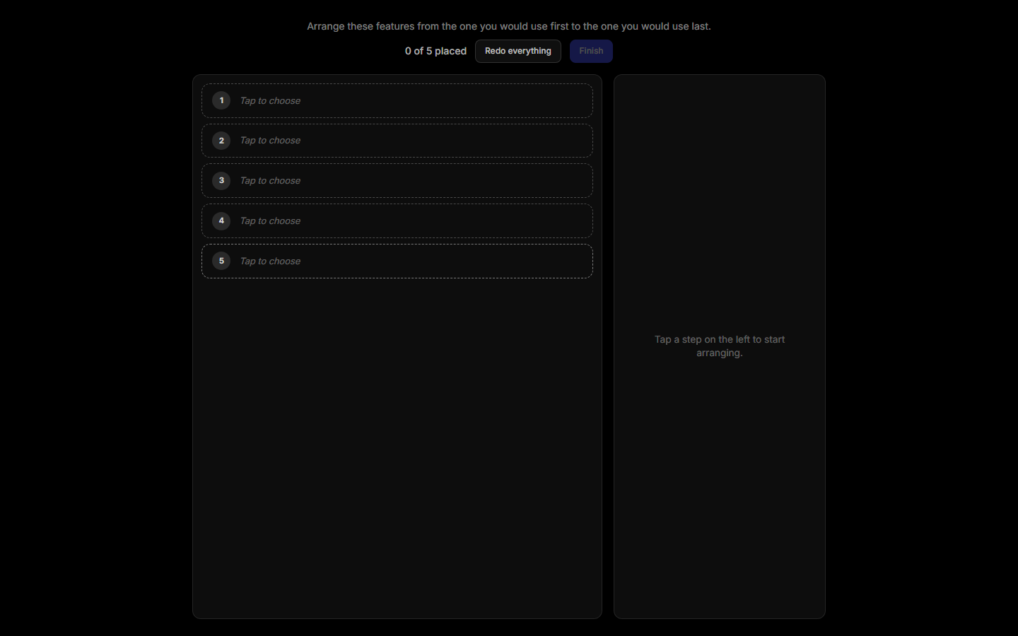 A respondent's view of a Sequence Flow section before any placement: five empty numbered slots, each labelled "Tap to choose", beside a panel that asks them to tap a step to start arranging