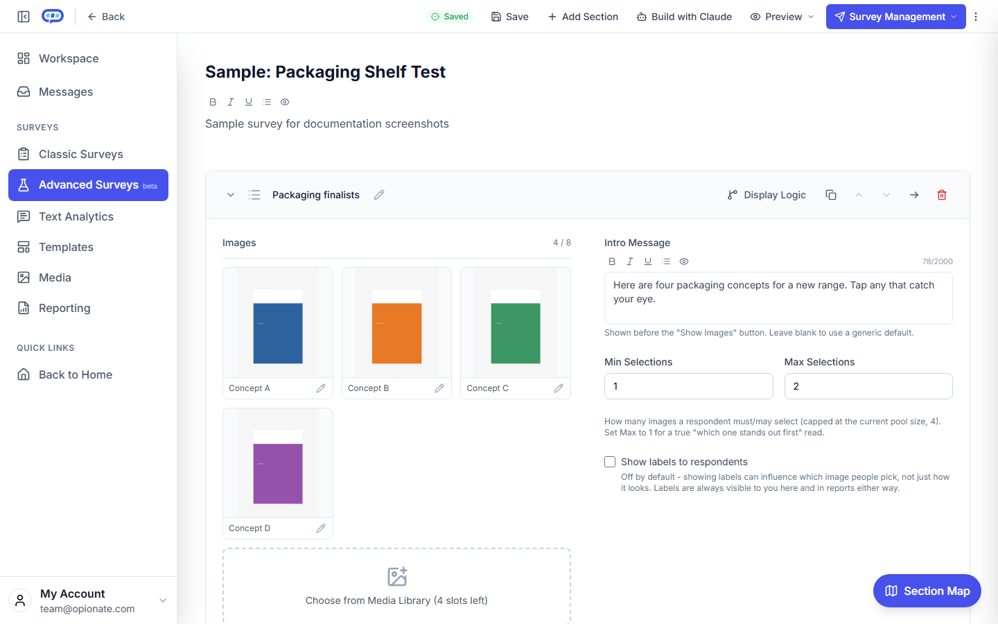 The Shelf Test builder showing four labelled sample images, the intro message, the minimum and maximum selections, and the labels toggle switched off
