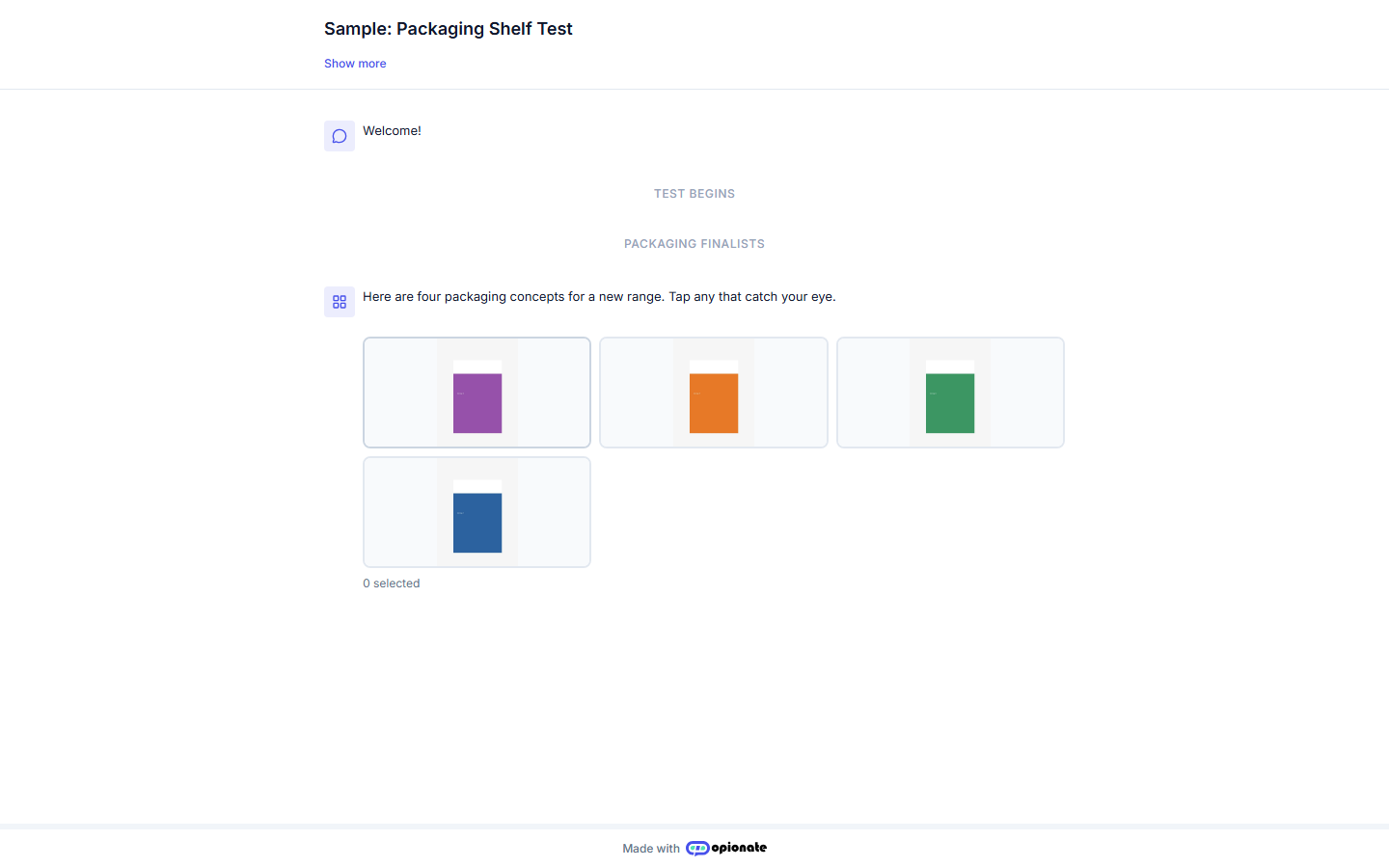 A respondent's view of the Shelf Test: four sample packaging images in a grid, with the intro message above and no labels shown