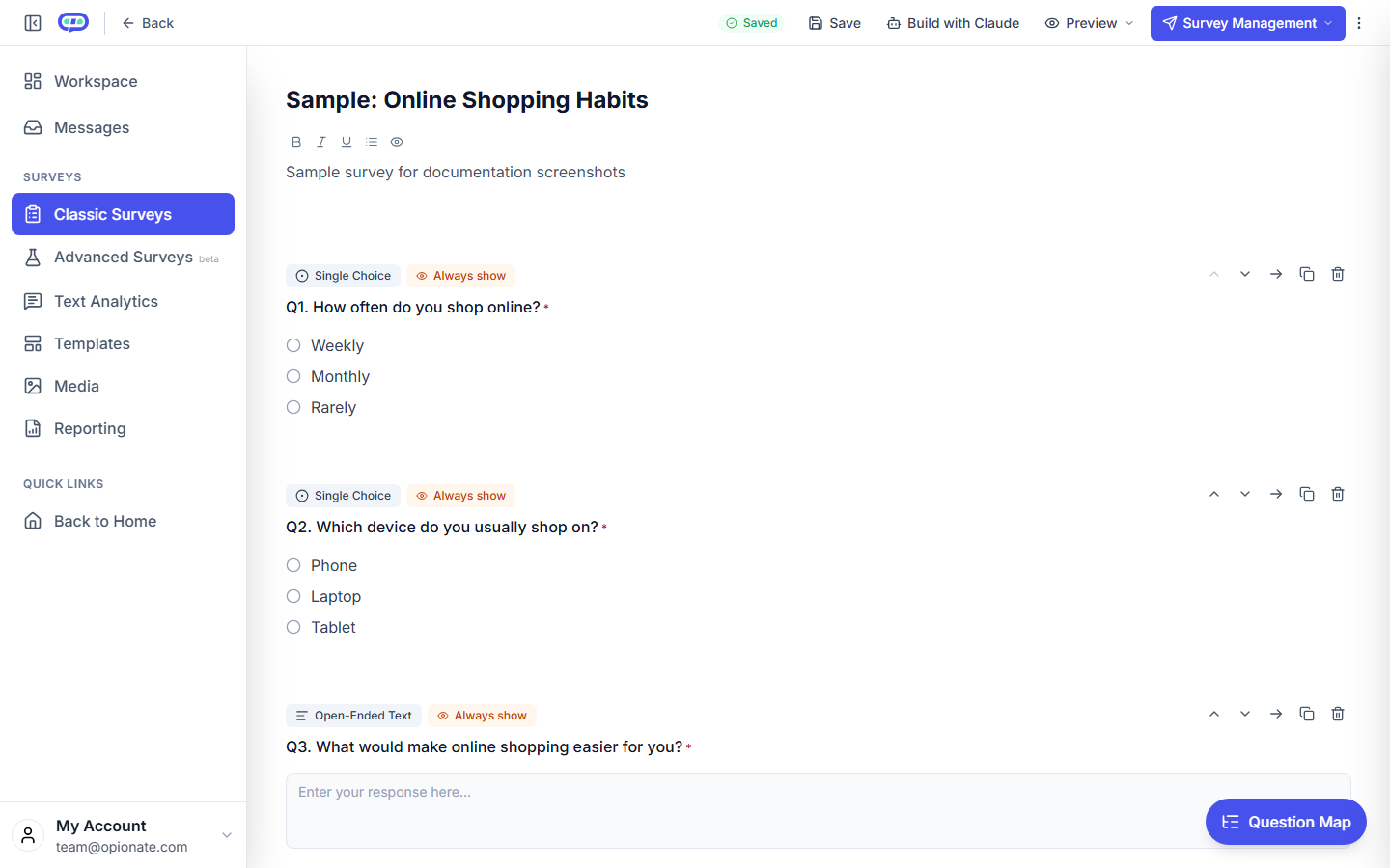 The builder with a survey in progress: several numbered questions of different types, such as single choice, multiple choice, rating, and open-ended, listed in order