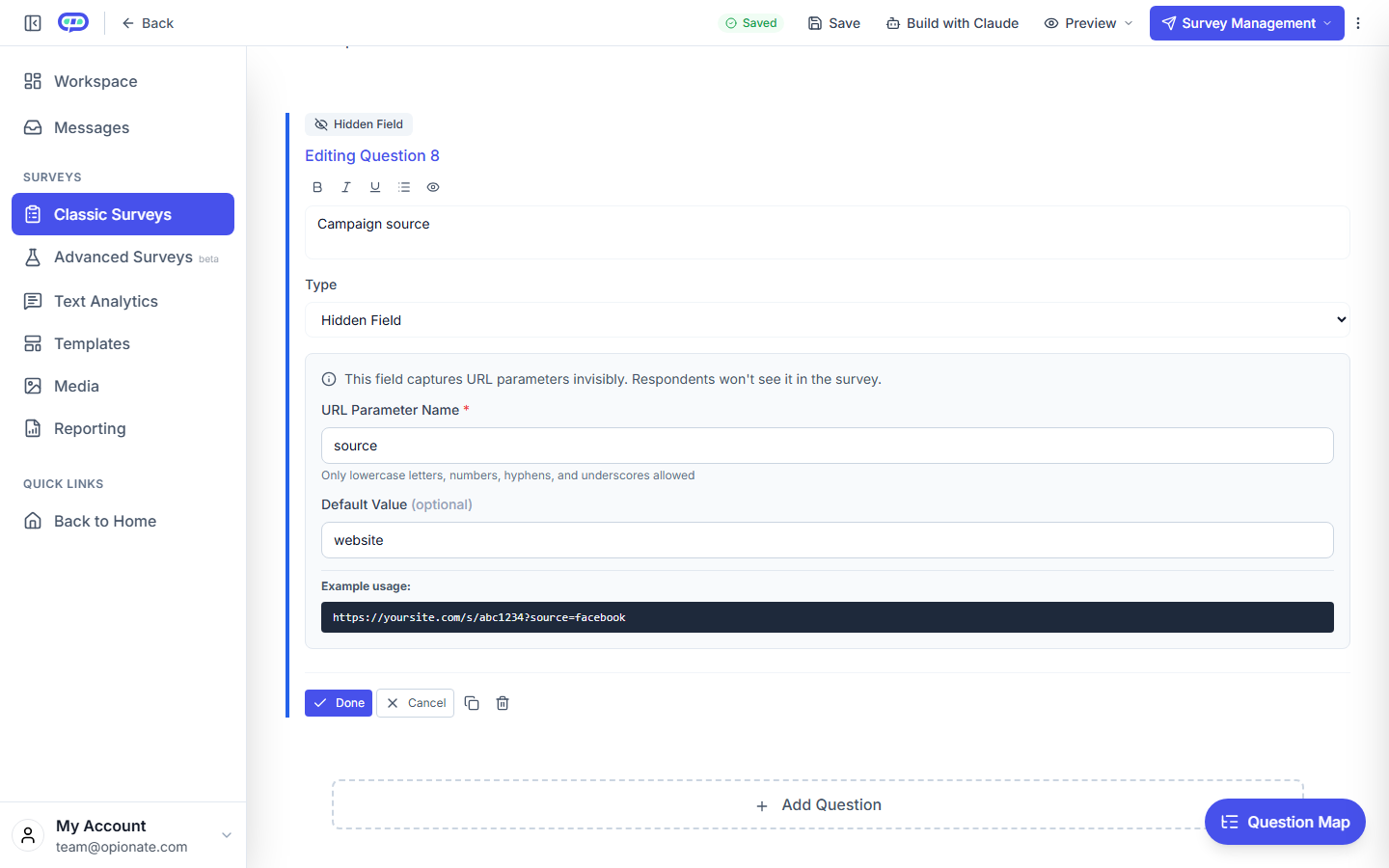 The Hidden Field question editor, configured with a parameter name and a default value