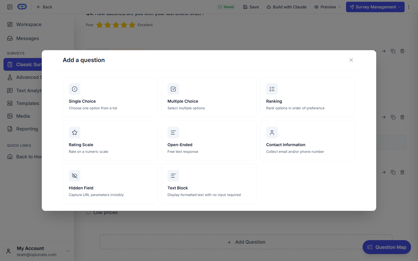The builder's Add a question dialog listing all eight question types: Single Choice, Multiple Choice, Ranking, Rating Scale, Open-Ended, Contact Information, Hidden Field, and Text Block