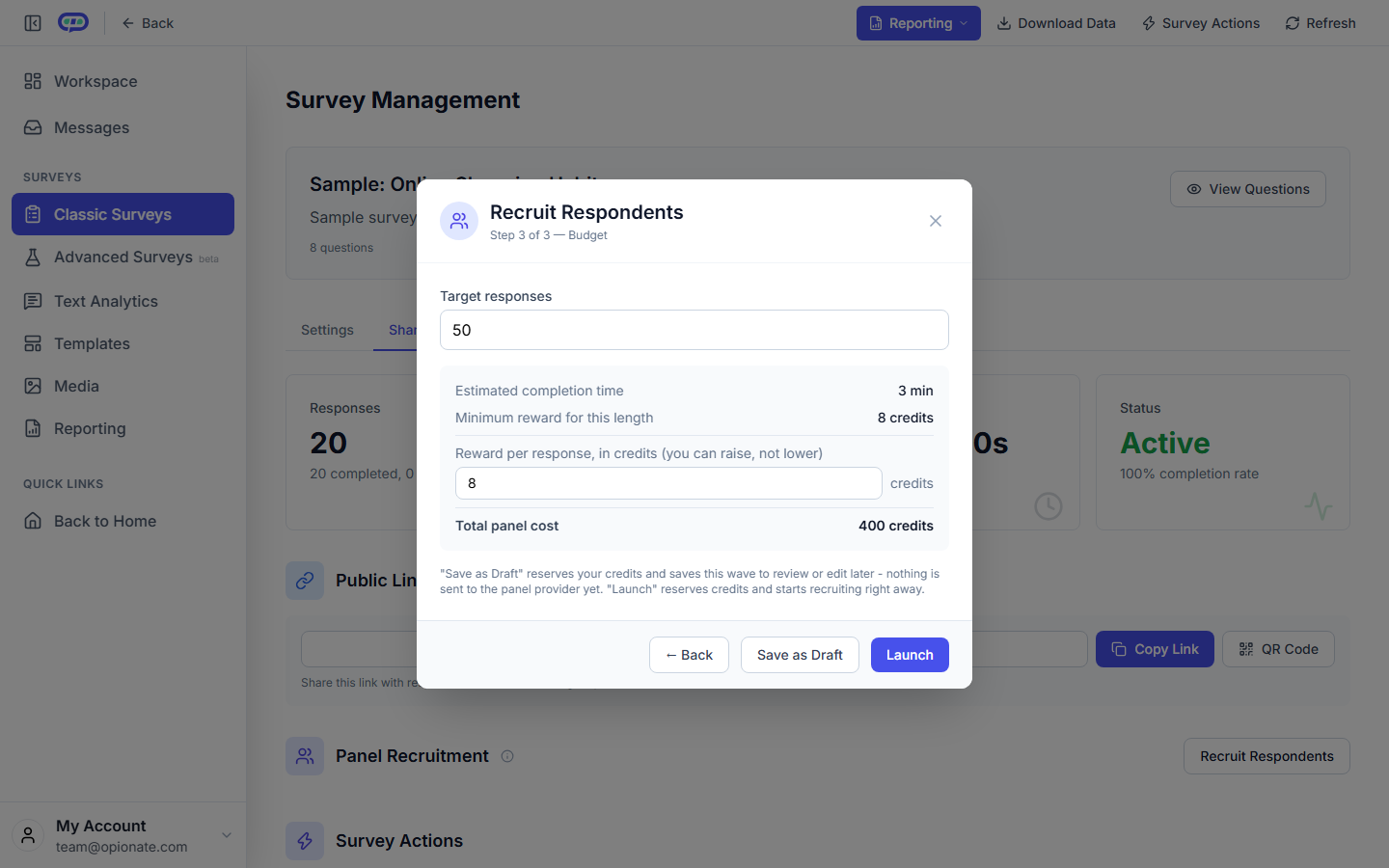 The final step of the wizard: Target responses, estimated completion time, minimum reward, reward per response, and total panel cost, with Save as Draft and Launch buttons