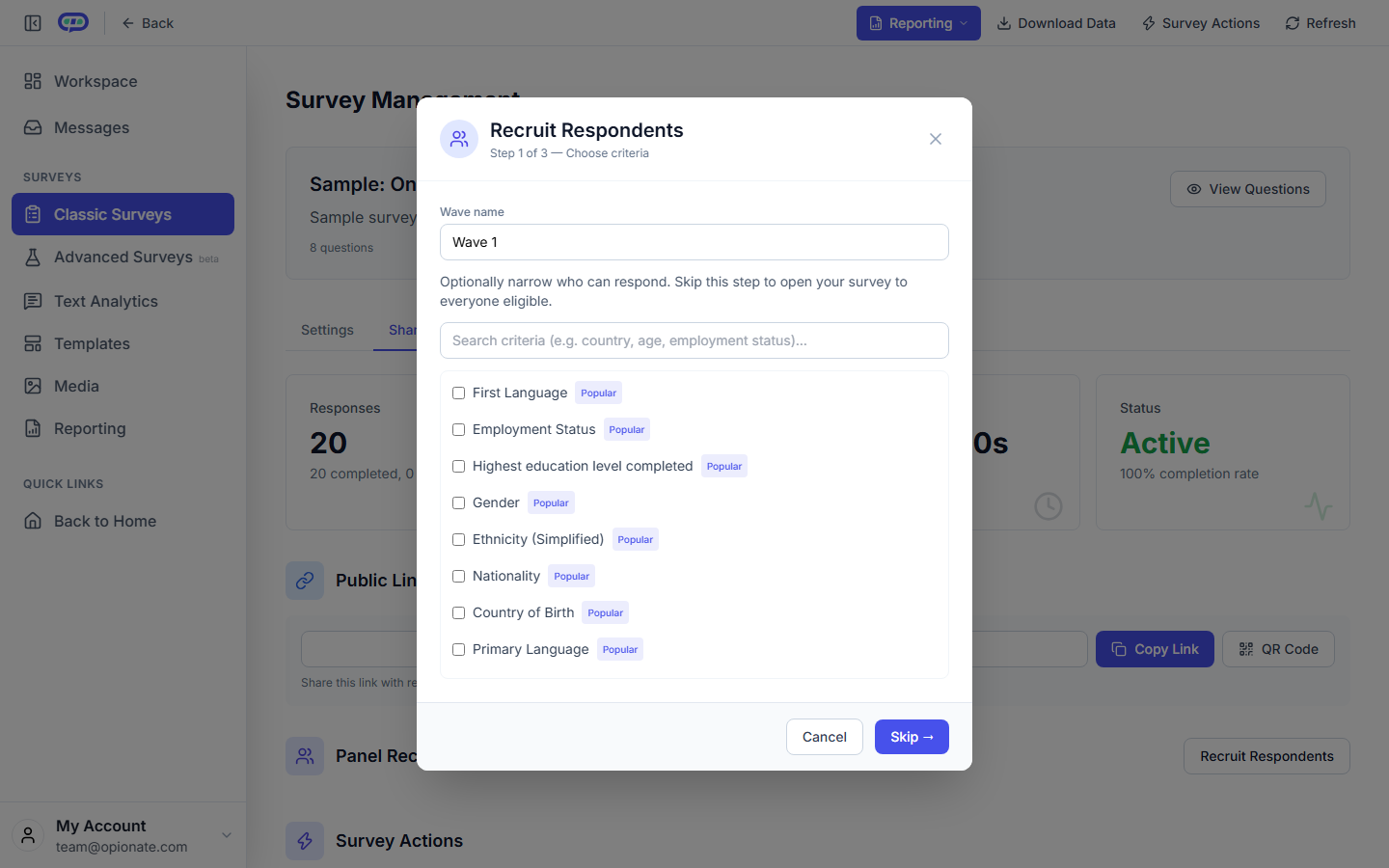 Step 1 of the Recruit Respondents wizard: a wave name field and a list of screening criteria such as First Language, Employment Status, and Country of Birth, with a Skip option
