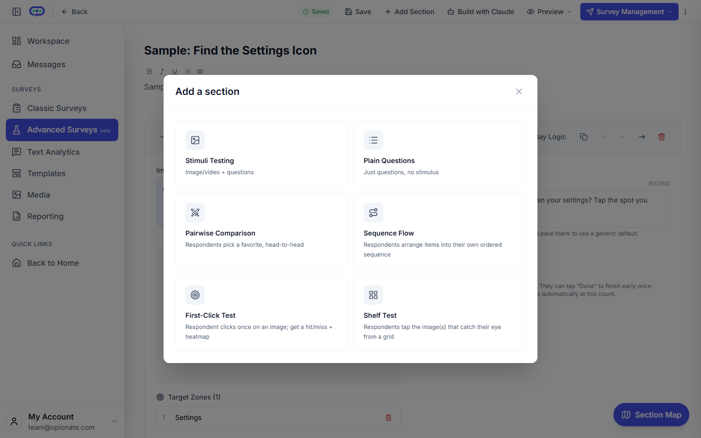 The Add a section dialog in the builder, listing Stimuli Testing, Plain Questions, Pairwise Comparison, Sequence Flow, First-Click Test, and Shelf Test, each with a one-line description