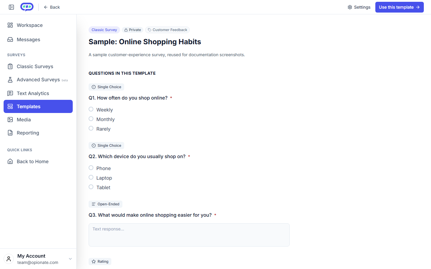A template's detail page: its name, description, a Private badge and category tag, a preview of its questions, and a Use this template button