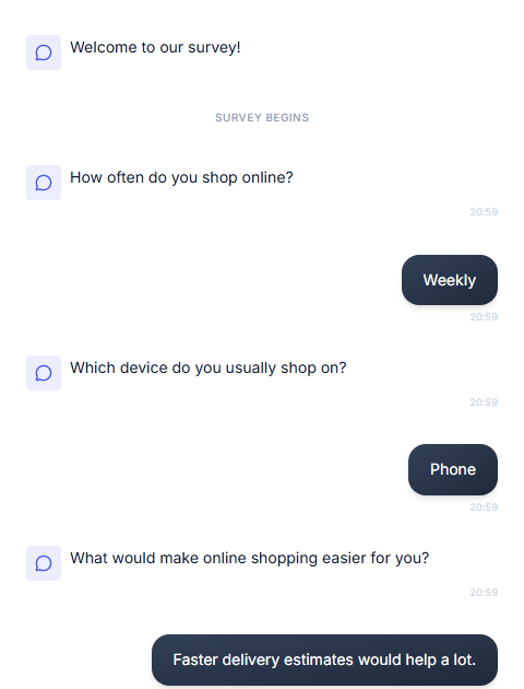 The chat-based survey interface, showing one question at a time