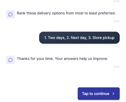A Text Block message in the chat take flow, with a Tap to continue button below it
