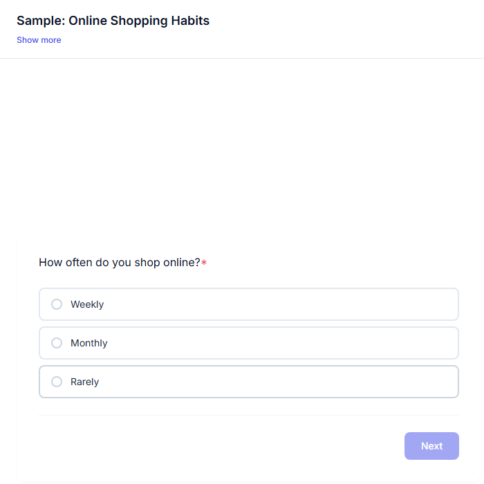 A single-choice question rendered in Traditional Form: a paginated page with a Next button below the options
