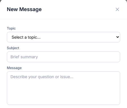 The New Message compose dialog with Topic, Subject, and Message fields